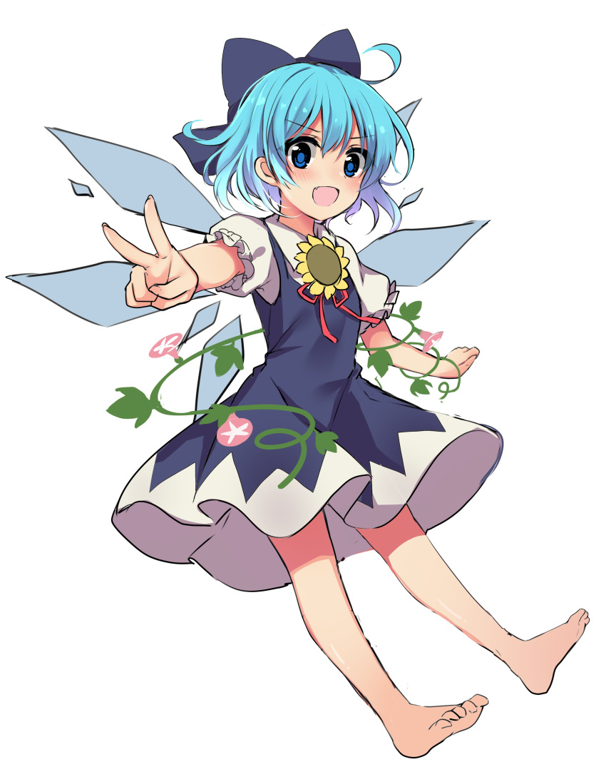 1girl absurdres ahoge barefoot blue_bow blue_dress blue_eyes blue_hair blush bow cirno commentary_request dress flower hidden_star_in_four_seasons highres ice ice_wings looking_at_viewer neck_ribbon open_mouth plant puffy_short_sleeves puffy_sleeves red_neckwear red_ribbon ribbon ruhika short_hair short_sleeves simple_background smile solo sunflower touhou v vines white_background wings