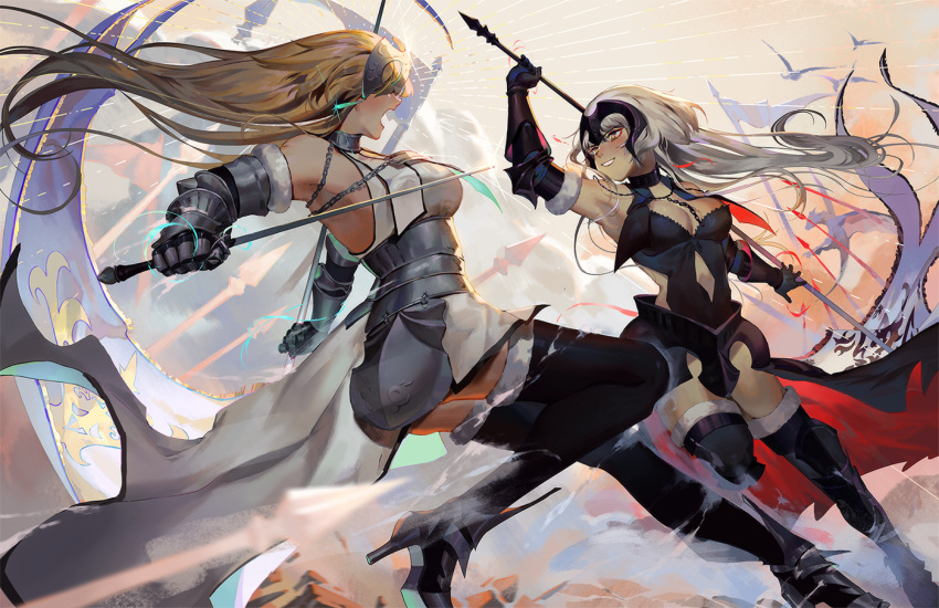 armor armored_dress armpits battle black_gloves blonde_hair breasts capelet chains choker cleavage collar derpderphooves17 eyebrows_visible_through_hair fate/apocrypha fate/grand_order fate_(series) faulds fighting flag gauntlets gloves headpiece holding holding_flag holding_sword holding_weapon jeanne_d'arc_(alter)_(fate) jeanne_d'arc_(fate) jeanne_d'arc_(fate)_(all) large_breasts long_hair open_mouth plackart polearm silver_hair smile spear standard_bearer sword thigh-highs thighs weapon yellow_eyes