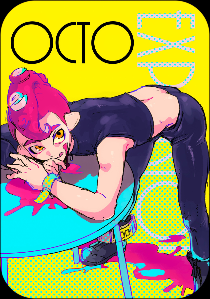 1boy :p absurdres agent_8 asymmetrical_clothes bent_over black_pants black_shirt copyright_name highres ink looking_at_viewer male_focus mohawk octarian orange_eyes pants pink_hair shirt simple_background solo splatoon splatoon_2 splatoon_2:_octo_expansion takozonesu tentacle_hair tongue tongue_out yellow_background