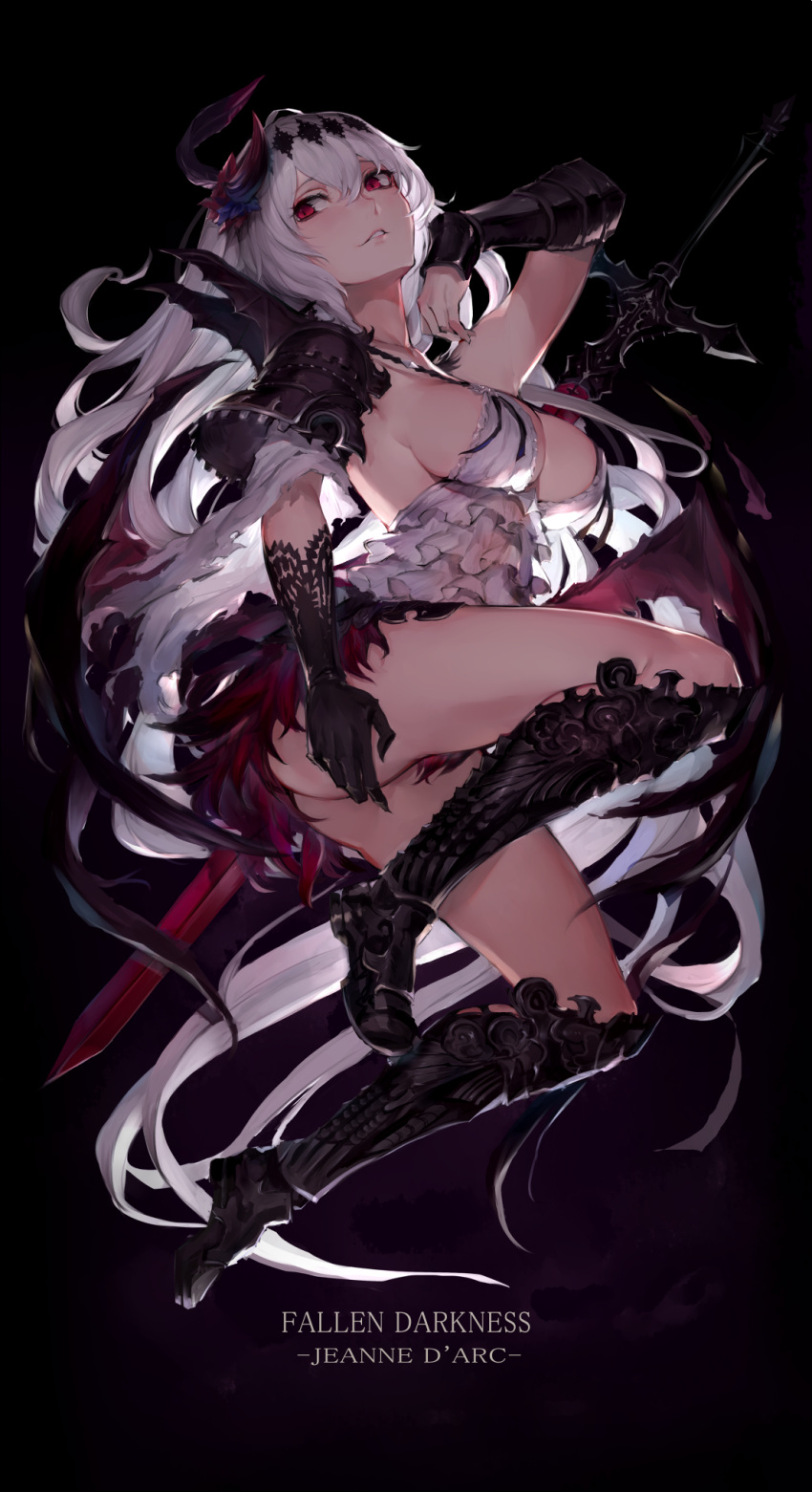 1girl armor bangs black_background black_footwear black_gloves blush boots breasts character_name commentary_request dark_jeanne english frills gloves granblue_fantasy hair_between_eyes hair_ornament highres long_hair looking_to_the_side medium_breasts oyu_(sijimisizimi) parted_lips red_eyes sideboob silver_hair simple_background single_glove solo spaulders sword thigh-highs thigh_boots vambraces weapon