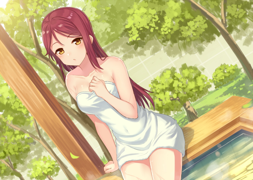 1girl :o arm_at_side bangs bare_arms bare_shoulders blush breasts bush cleavage collarbone covered_navel day dutch_angle eyebrows_visible_through_hair falling_leaves garden hajime_kaname highres horn long_hair love_live! love_live!_sunshine!! medium_breasts motion_blur naked_towel open_mouth outdoors parted_bangs pillar redhead sakurauchi_riko shade single_sidelock sitting solo straight_hair sunlight tareme thighs towel tree wall water yellow_eyes