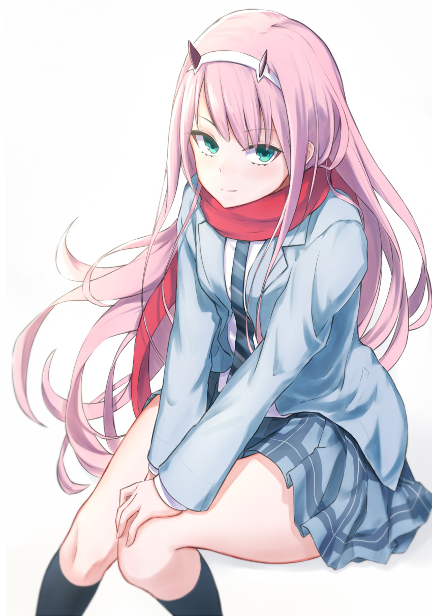 1girl bangs black_legwear blue_jacket blue_neckwear blush closed_mouth darling_in_the_franxx eyebrows_visible_through_hair feet_out_of_frame green_eyes hairband highres horns invisible_chair jacket kneehighs kou_v05first long_hair long_sleeves looking_at_viewer miniskirt open_clothes open_jacket own_hands_together pink_hair pleated_skirt red_scarf scarf school_uniform shirt simple_background sitting skirt smile solo straight_hair striped_neckwear tsurime very_long_hair white_background white_hairband white_shirt zero_two_(darling_in_the_franxx)