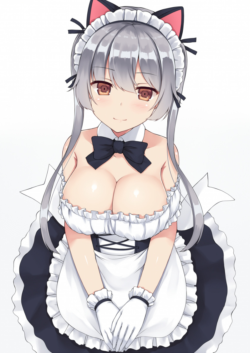 1girl animal_ears bare_shoulders black_neckwear blush bow bowtie breasts brown_eyes cat_ears cleavage closed_mouth commentary_request eyebrows_visible_through_hair gloves gradient gradient_background grey_background grey_hair highres long_hair looking_at_viewer maid maid_headdress medium_breasts mizunashi_kenichi original smile solo twintails white_gloves