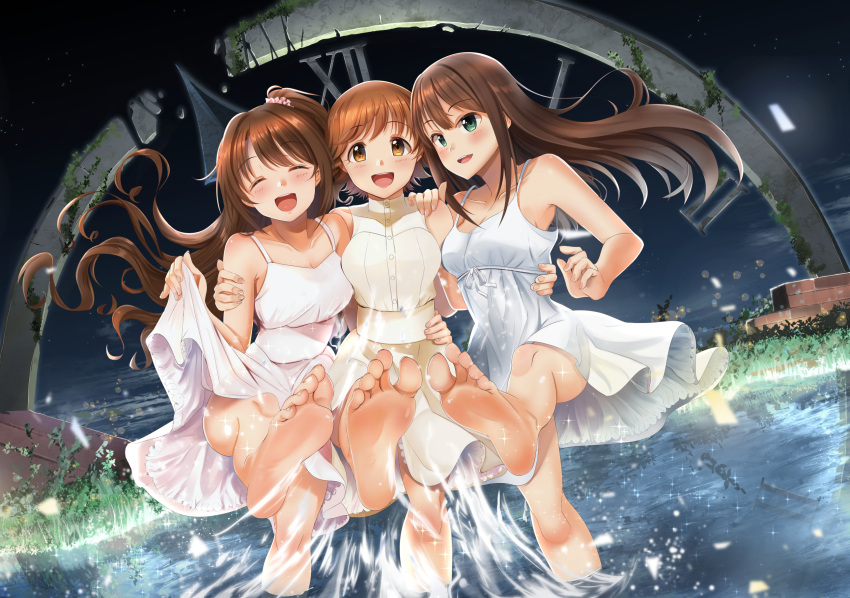 3girls :d ^_^ bangs bare_arms bare_legs bare_shoulders barefoot blush breasts brick brown_eyes brown_hair buttons casino_(casinoep) cleavage clock closed_eyes closed_mouth clothes_lift clouds collarbone dress dress_lift eyebrows eyebrows_visible_through_hair feet feet_out_of_frame fingernails floating_hair frills full_body grass green_eyes hair_between_eyes hair_ornament hair_scrunchie hand_on_another's_hip hand_on_another's_shoulder highres honda_mio idolmaster idolmaster_cinderella_girls lake leg_up lifted_by_self long_fingernails long_hair long_toenails looking_at_viewer medium_breasts multiple_girls nail_polish new_generations night night_sky one_leg_raised one_side_up open_mouth outdoors partially_submerged petals pink_nails plant reflection roman_numerals ruins scrunchie shibuya_rin shimamura_uzuki shiny shiny_hair short_hair skirt skirt_hold skirt_lift sky sleeveless sleeveless_dress small_breasts smile soles splashing standing standing_on_one_leg star_(sky) toenail_polish toenails toes turtleneck turtleneck_dress wading water white_dress