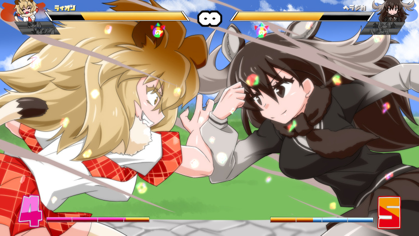 4 5 ^_^ animal_ears antlers arabian_oryx_(kemono_friends) aurochs_(kemono_friends) battle blonde_hair breasts brown_eyes brown_hair clenched_teeth closed_eyes dragon_ball dragon_ball_fighterz eyebrows_visible_through_hair fang fur_collar gameplay_mechanics health_bar highres infinity japari_symbol kemono_friends large_breasts lion_(kemono_friends) lion_ears lion_tail long_hair long_sleeves moose_(kemono_friends) moose_ears number pantyhose pleated_skirt sandstar scarf shoebill_(kemono_friends) short_sleeves skirt smile tail teeth tsukushi_(741789) white_rhinoceros_(kemono_friends) yellow_eyes