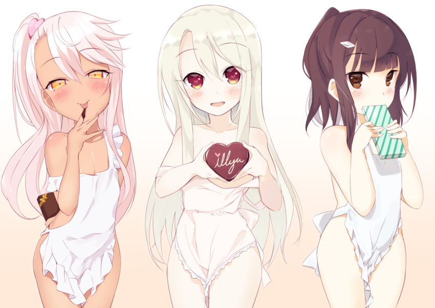 3girls :d apron arm_behind_back asymmetrical_bangs bangs bare_arms bare_shoulders beige_background blunt_bangs blush box brown_eyes brown_hair character_name chloe_von_einzbern chocolate chocolate_heart chocolate_on_fingers closed_mouth collarbone commentary_request covered_mouth cowboy_shot dark_skin eyebrows_visible_through_hair fate/kaleid_liner_prisma_illya fate_(series) finger_licking frilled_apron frills gift gift_box gradient gradient_background hair_between_eyes hair_ornament heart heart-shaped_pupils heart_hair_ornament high_ponytail holding holding_gift illyasviel_von_einzbern licking long_hair looking_at_viewer miyu_edelfelt multiple_girls naked_apron one_side_up open_mouth p_answer ponytail silver_hair smile strap_slip symbol-shaped_pupils tongue tongue_out valentine very_long_hair white_apron white_background