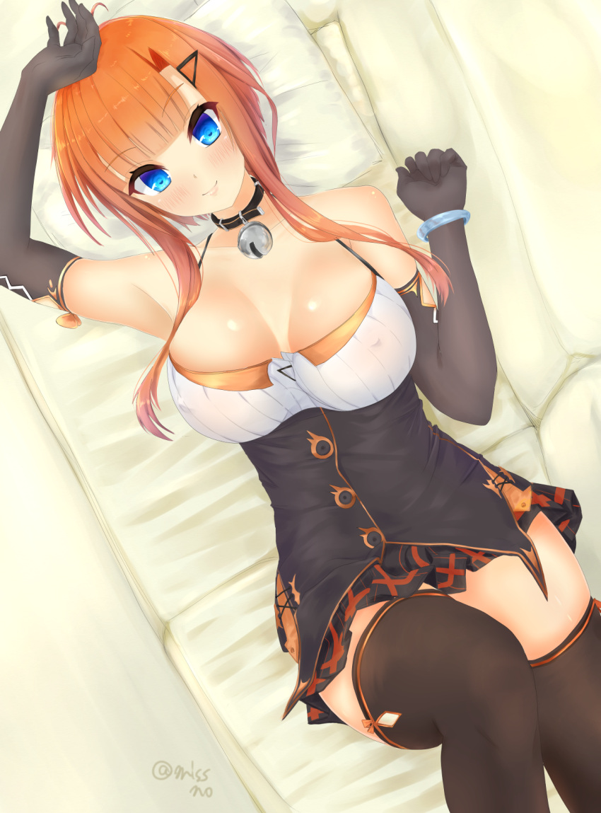 1girl armpits artist_name azur_lane bangs bare_shoulders beagle bell bell_collar black_gloves black_legwear blue_eyes blunt_bangs breasts cleavage closed_mouth collar elbow_gloves erect_nipples eyebrows_visible_through_hair foxhound_(azur_lane) gloves hair_ornament hairclip halterneck highres jingle_bell large_breasts looking_at_viewer lying mattress miniskirt miss_non on_back orange_hair pleated_skirt short_hair_with_long_locks sidelocks skirt smile solo thigh-highs underbust