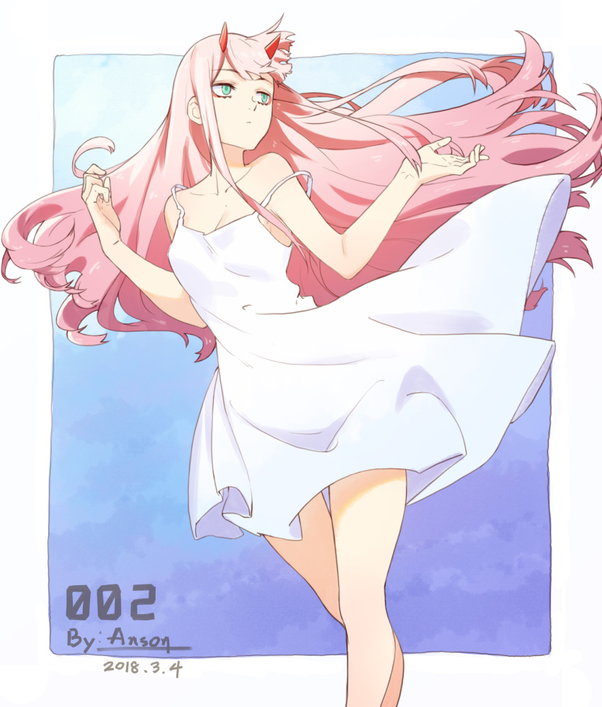 1girl anson_(13686564308) artist_name blue_eyes breasts character_name cleavage cowboy_shot darling_in_the_franxx dated dress expressionless highres horns long_hair medium_breasts pink_hair solo strap_slip white_dress wind zero_two_(darling_in_the_franxx)