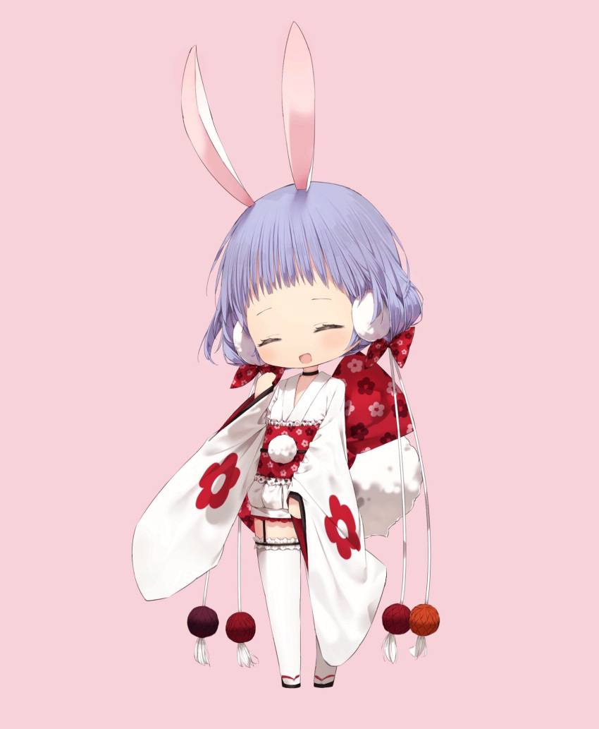 1girl :d animal_ears bangs black_choker black_footwear blush bow bunny_girl bunny_tail chibi choker closed_eyes commentary_request copyright_request facing_viewer floral_print frilled_legwear frilled_obi frills garter_straps hair_bow head_tilt highres japanese_clothes kimono long_sleeves mabuta_(byc0yqf4mabye5z) obi open_mouth pink_background print_bow purple_hair rabbit_ears red_bow sash short_kimono simple_background sleeves_past_wrists smile solo standing tail thigh-highs white_kimono white_legwear wide_sleeves zouri