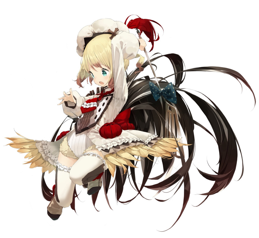 1girl arm_up bangs blonde_hair blue_bow blue_eyes boots bow commentary_request dress feather_trim frilled_dress frilled_legwear frilled_necktie frills full_body fur-trimmed_leotard fur_trim hat heart highres holding leotard long_sleeves looking_away mabuta_(byc0yqf4mabye5z) mahou_shoujo_ikusei_keikaku mahou_shoujo_ikusei_keikaku_restart necktie open_mouth pechika_(mahoiku) puffy_long_sleeves puffy_sleeves red_neckwear ribbed_leotard rooster_tail simple_background sketch solo spatula thigh-highs thigh_boots twintails upper_teeth white_background white_dress white_footwear white_hat white_legwear white_leotard