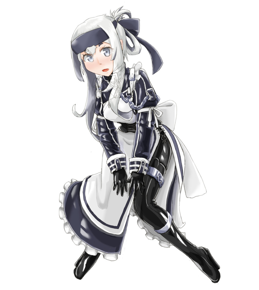 1girl absurdres adapted_costume ainu_clothes apron bandanna black_bodysuit bodysuit cropped_jacket folded_ponytail frilled_apron frills full_body grey_eyes headband highres kamoi_(kantai_collection) kantai_collection long_sleeves looking_at_viewer open_mouth pelvic_curtain sidelocks simple_background solo standing thick_eyebrows viji white_apron white_background white_hair