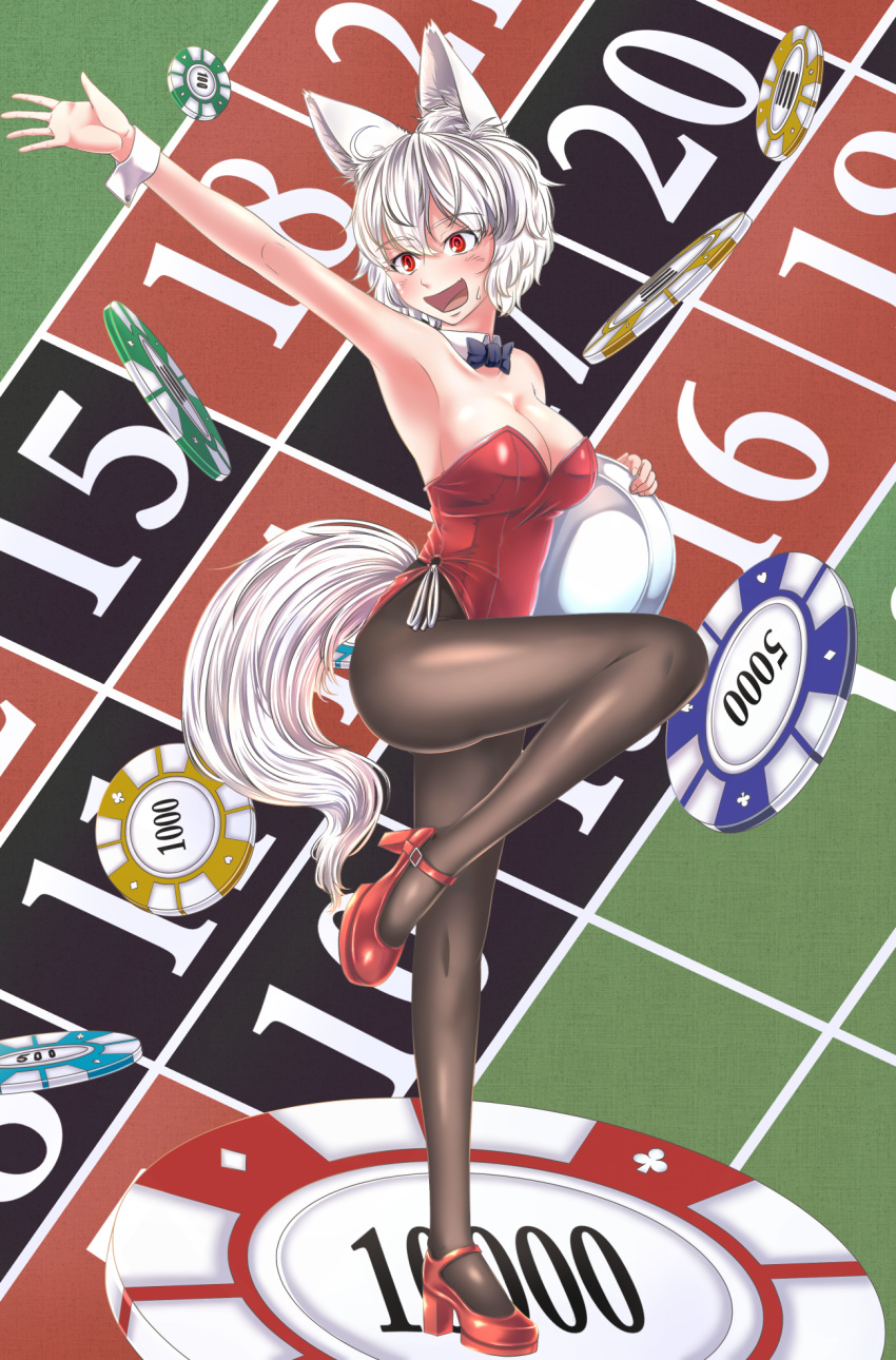 1girl :d alternate_costume animal_ears arm_up armpits black_legwear blue_neckwear bow bowtie breasts bunnysuit carrying_under_arm commentary_request detached_collar eyebrows_visible_through_hair folded_leg full_body high_heels highres inubashiri_momiji kouno_ibuki large_breasts looking_to_the_side open_hand open_mouth pantyhose platform_footwear poker_chip red_eyes red_footwear roulette_table short_hair smile solo standing standing_on_one_leg sweatdrop tail touhou tray white_hair wolf_ears wolf_tail wrist_cuffs