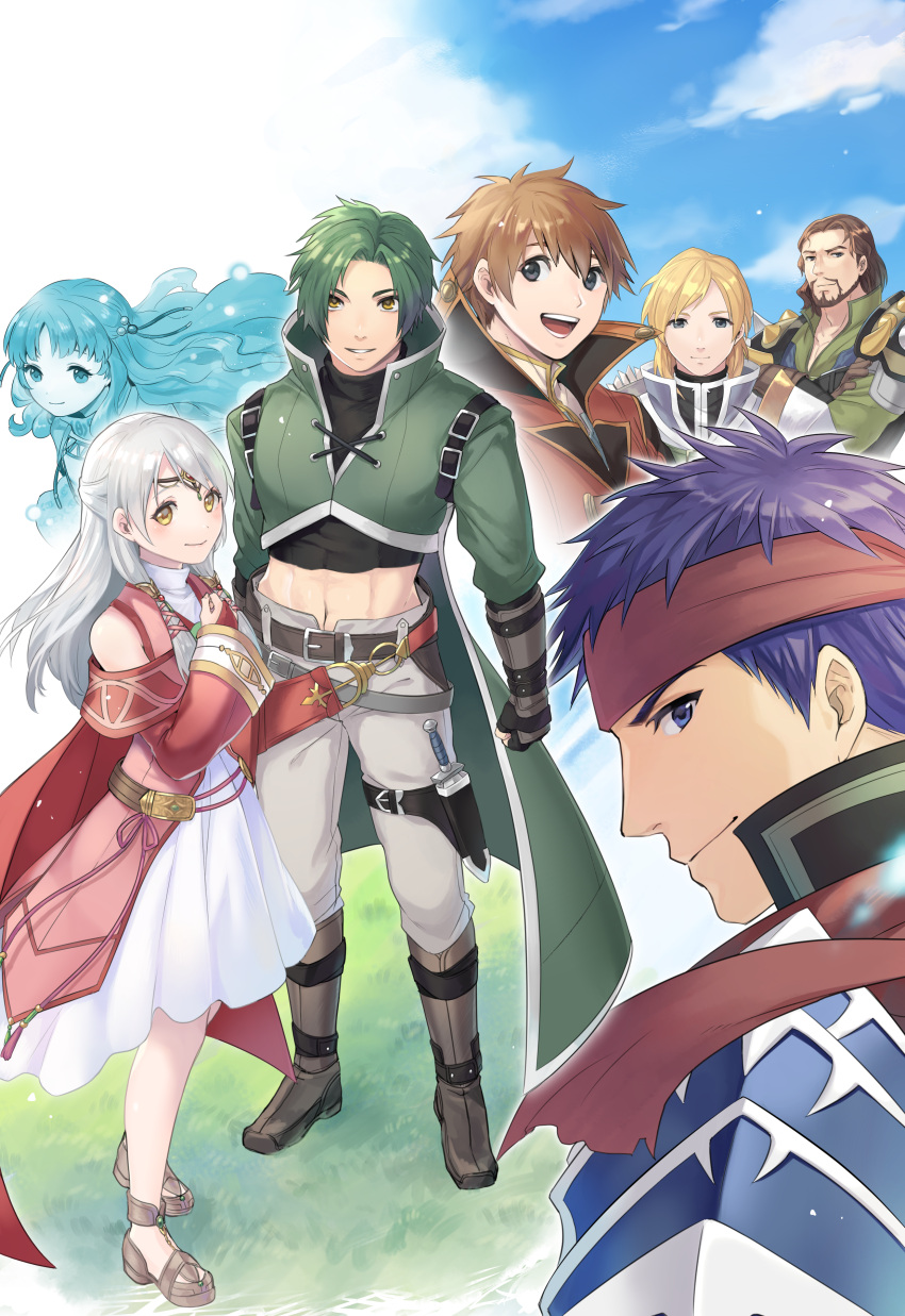 2girls 5boys absurdres armor bangle bare_shoulders blonde_hair blue_eyes bracelet bridal_gauntlets brown_hair circlet detached_sleeves dress edward_(fire_emblem) facial_hair fire_emblem fire_emblem:_akatsuki_no_megami fire_emblem:_souen_no_kiseki gloves green_hair half_updo highres ichikeita ike jewelry leonardo_(fire_emblem) long_hair long_sleeves looking_at_viewer micaiah multiple_boys multiple_girls nolan silver_hair smile sothe spirit white_dress yellow_eyes yune