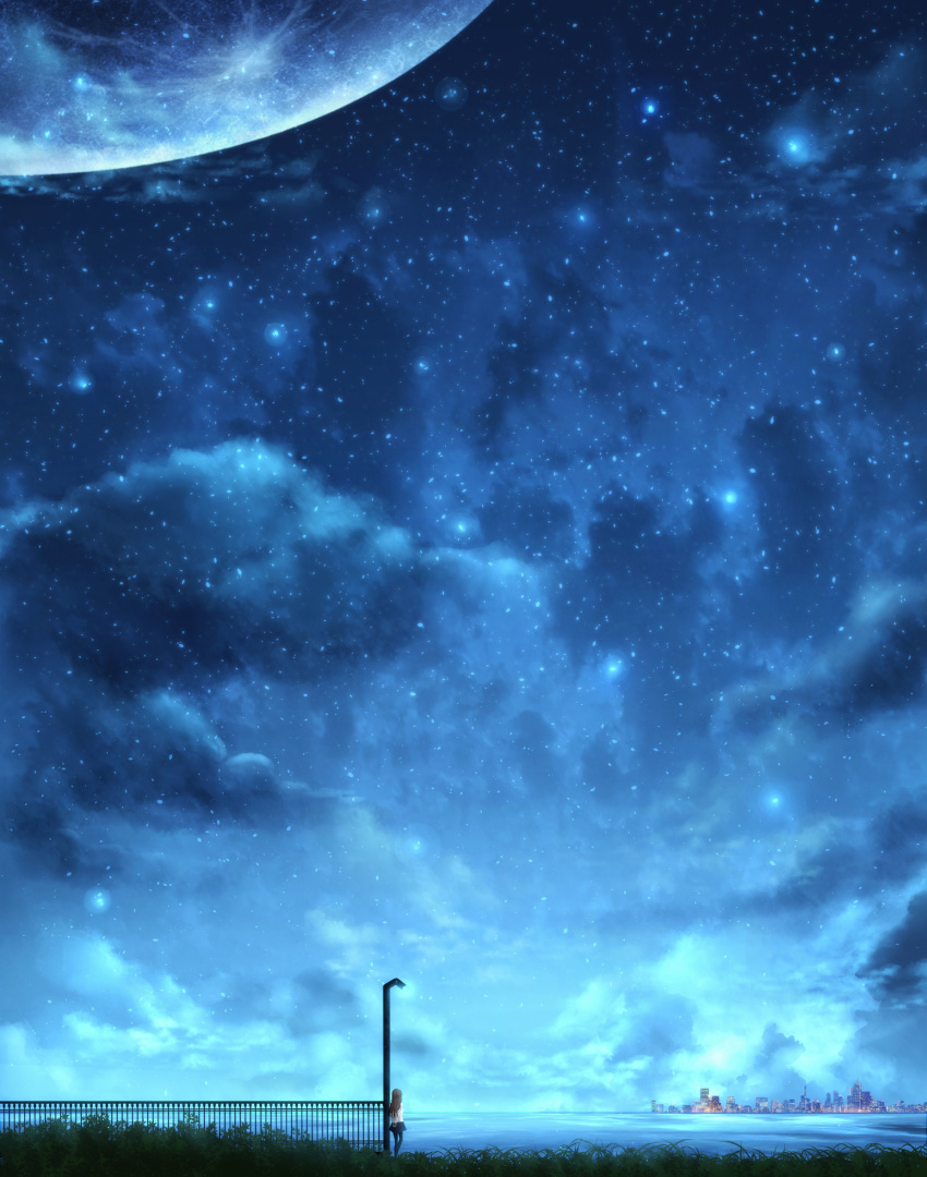 1girl arms_behind_back black_legwear brown_hair city city_lights clouds cloudy_sky czy_(2894456992) dusk fence grass highres horizon lamppost light_particles long_hair looking_afar moon night night_sky ocean original pantyhose scenery skirt sky star_(sky) starry_sky water