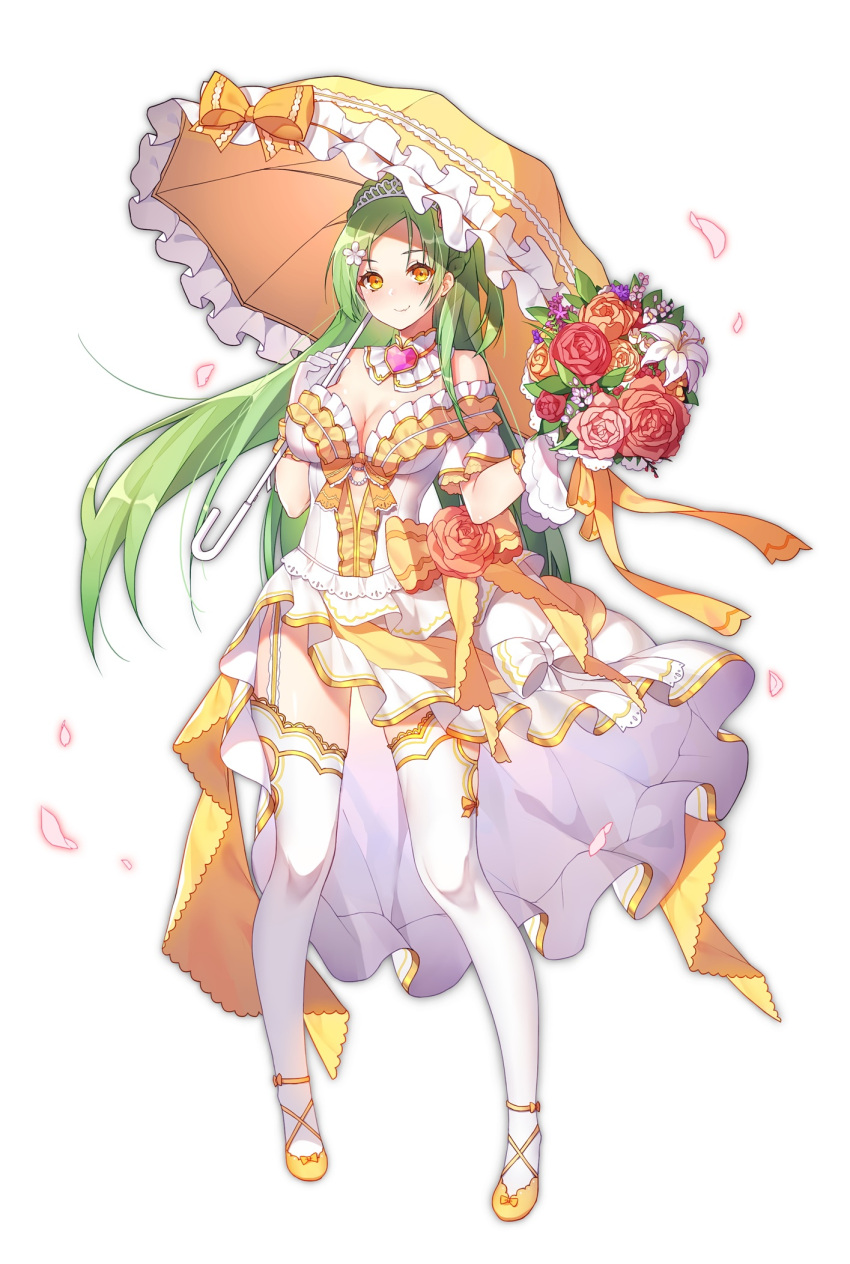 1girl bare_shoulders blush bouquet bow breasts character_request cleavage closed_mouth detached_collar dress flower frilled_dress frills garter_straps gem gloves hair_flower hair_ornament heart highres jidong_zhandui large_breasts long_hair off-shoulder_dress off_shoulder official_art orange_eyes petals pink_flower red_flower ribbon sela simple_background smile solo standing thigh-highs tiara very_long_hair wedding_dress white_background white_bow white_gloves white_legwear wind yellow_ribbon zettai_ryouiki