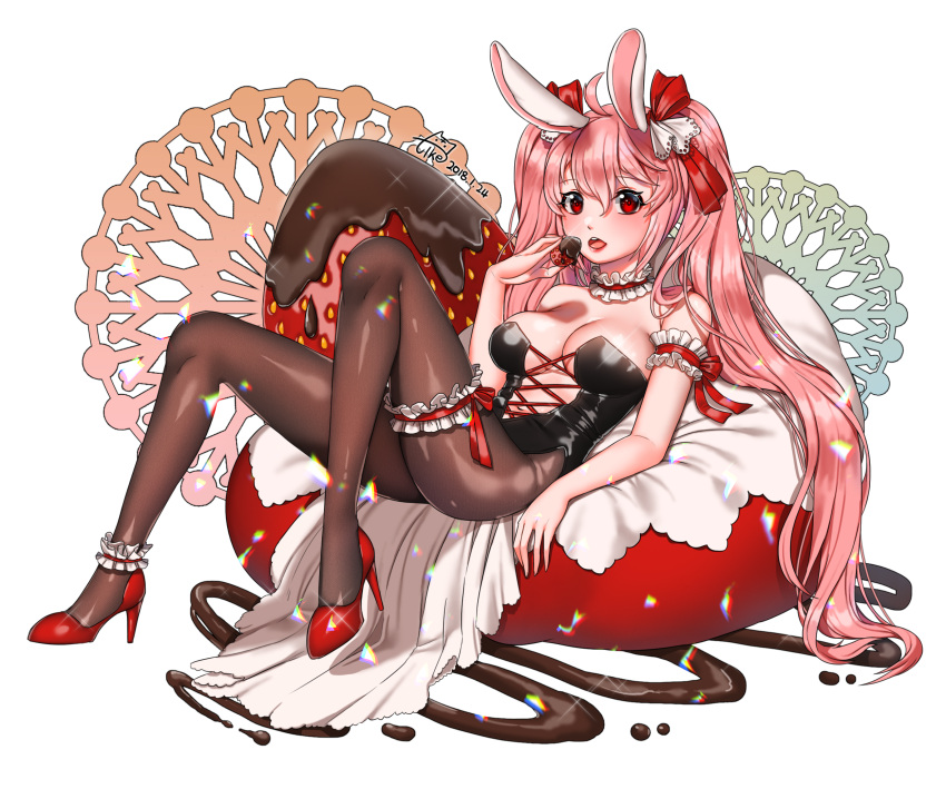 1girl ahoge animal_ears artist_name bare_shoulders breasts chocolate chocolate_covered choker dated doily eating food fruit high_heels highres long_hair lying medium_breasts navel on_back open_mouth pantyhose pink_hair rabbit_ears red_eyes red_footwear solo sparkle strawberry tikeworld twintails very_long_hair