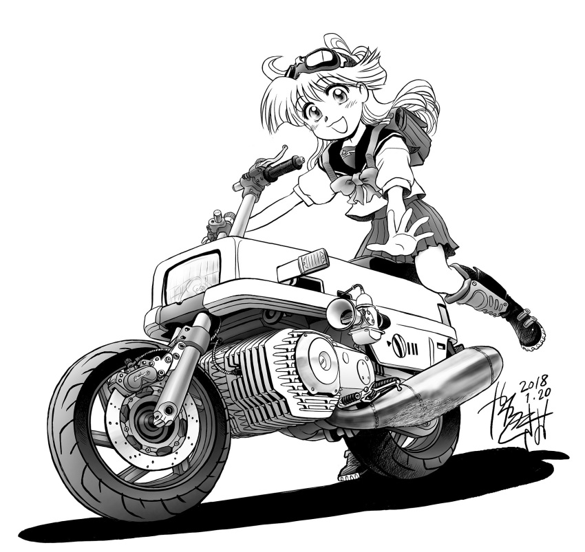 1girl 2018 :3 backpack bag bikid's! boots bow bowtie dated from_below goggles greyscale ground_vehicle highres kazane_mai kazuka_tokio long_hair looking_at_viewer looking_down miniskirt monochrome motor_vehicle motorcycle open_mouth pleated_skirt school_uniform serafuku signature simple_background skirt solo white_background