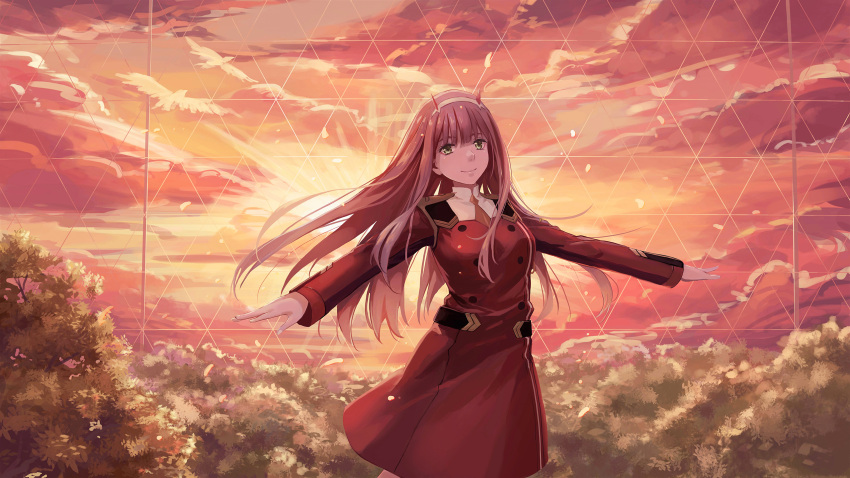 1girl backlighting bangs belt bird blunt_bangs breasts closed_mouth clouds cowboy_shot darling_in_the_franxx dress evening eyebrows_visible_through_hair green_eyes hairband highres horns light_rays long_hair long_sleeves looking_at_viewer medium_breasts military military_uniform orange_sky outstretched_arms pink_hair red_dress redpoke shoulder_pads sky smile solo standing sunbeam sunlight sunset tree uniform very_long_hair white_hairband zero_two_(darling_in_the_franxx)