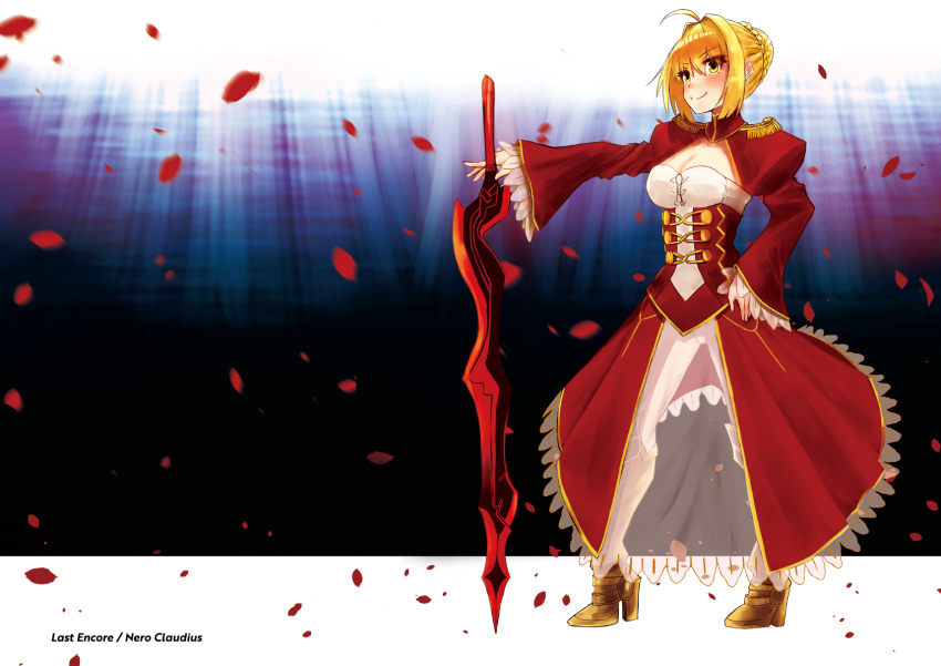 1girl aestus_estus ahoge bangs blonde_hair boots braid breasts brown_footwear character_name cleavage cleavage_cutout closed_mouth commentary_request copyright_name dress enogaki epaulettes fate/extra fate_(series) french_braid green_eyes hand_on_hip high_heel_boots high_heels highres holding holding_weapon leotard long_dress long_sleeves looking_at_viewer medium_breasts nero_claudius_(fate) nero_claudius_(fate)_(all) petals red_dress see-through short_hair smile solo standing sword underwater weapon wide_sleeves