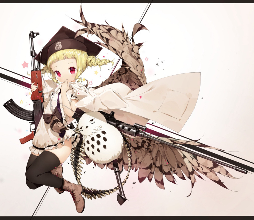 1girl ak-47 ammunition_belt animal assault_rifle bangs bird bird_wings black_bow black_hat black_legwear black_neckwear blonde_hair blunt_bangs boots bow brown_footwear commentary_request copyright_request covered_mouth cross-laced_footwear dress feathered_wings gun hat highres holding holding_gun holding_weapon jacket jacket_on_shoulders lace-up_boots letterboxed looking_at_viewer mabuta_(byc0yqf4mabye5z) mortarboard necktie owl pocket rifle ringlets short_hair short_sleeves sidelocks solo star thigh-highs thighhighs_under_boots twintails violet_eyes weapon weapon_request white_dress white_jacket wings
