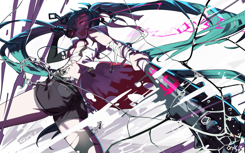 1girl 39 aqua_hair artist_name bai_yemeng bandage belt breasts broken_glass chains elbow_gloves from_below glass gloves hatsune_miku highres looking_at_viewer microphone open_mouth pink_eyes short_shorts shorts signature single_elbow_glove single_thighhigh thigh-highs torn_clothes torn_gloves torn_thighhighs twintails vocaloid weapon