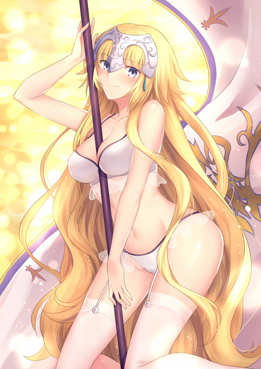 1girl arm_up bangs banner bare_arms bare_shoulders between_breasts blonde_hair blue_eyes bra breasts closed_mouth collarbone commentary_request eyebrows_visible_through_hair fate/grand_order fate_(series) garter_straps gogatsu_fukuin groin headpiece highres holding jeanne_d'arc_(fate) jeanne_d'arc_(fate)_(all) kneeling large_breasts light_particles long_hair looking_at_viewer navel panties see-through shiny shiny_skin smile stomach thigh-highs underwear underwear_only very_long_hair wavy_hair white_bra white_legwear white_panties yellow_background