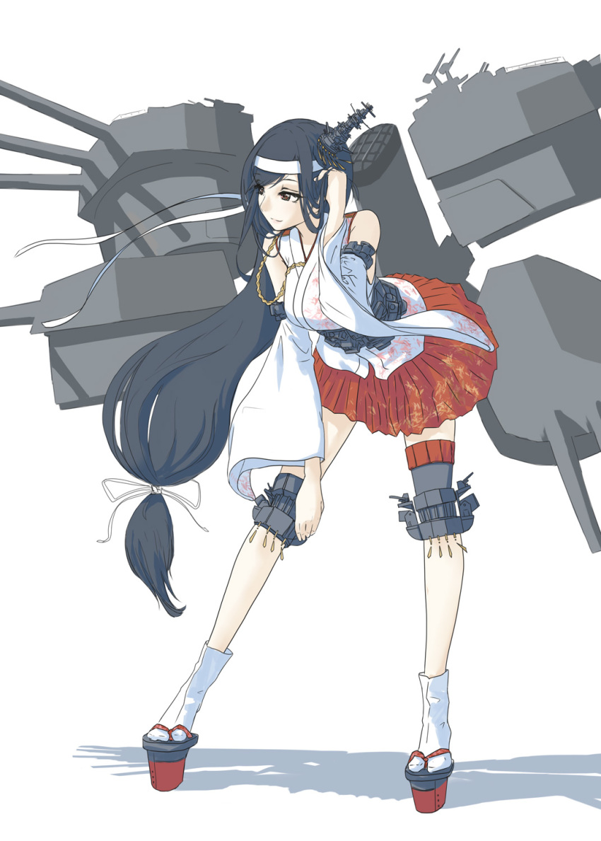 1girl adjusting_hair bangs bare_shoulders black_hair breasts brown_eyes closed_mouth detached_sleeves eyebrows_visible_through_hair full_body fusou_(kantai_collection) geta hair_ribbon hand_in_hair headband headgear highres japanese_clothes kantai_collection kimono knee_pads leaning_forward legs_apart long_hair long_sleeves looking_to_the_side low-tied_long_hair machinery medium_breasts nito_(nshtntr) obi print_kimono print_skirt red_skirt ribbon rigging sash shadow simple_background skirt smile solo standing swept_bangs tabi turret very_long_hair white_background white_legwear white_ribbon wide_sleeves
