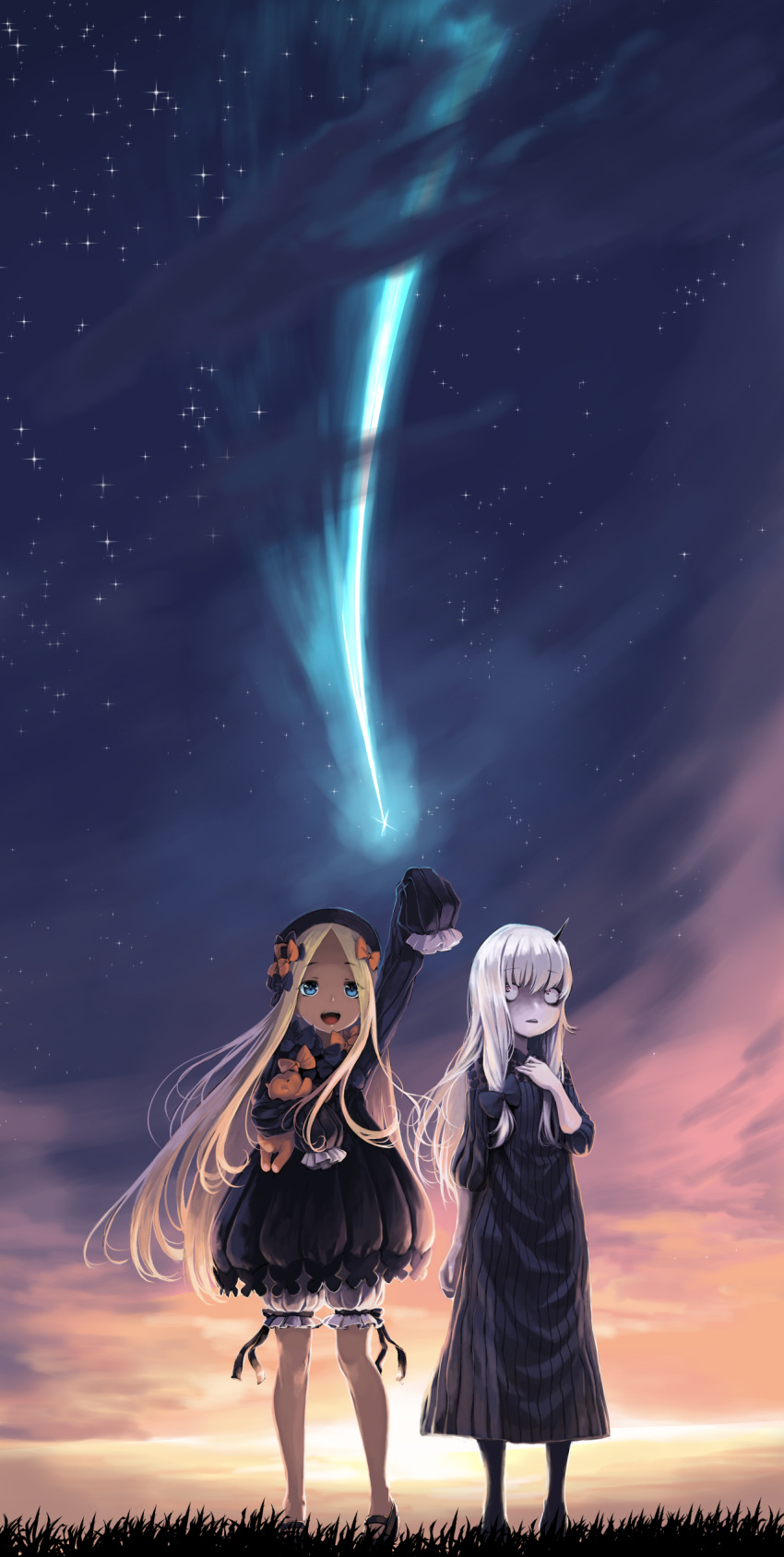 2girls :d abigail_williams_(fate/grand_order) absurdres animal_print black_bow blonde_hair blue_eyes bow butterfly_print clouds constricted_pupils dress eyebrows_visible_through_hair fate/grand_order fate_(series) grass hair_bow hand_on_own_chest highres holding holding_stuffed_animal horizon horn kohige lavinia_whateley_(fate/grand_order) long_hair mary_janes multiple_girls object_hug open_mouth orange_bow pale_skin pink_eyes pointing pointing_up ribbed_dress shoes shooting_star sky sleeves_past_fingers smile star_(sky) starry_sky stuffed_animal stuffed_toy sunset teddy_bear very_long_hair white_bloomers white_hair
