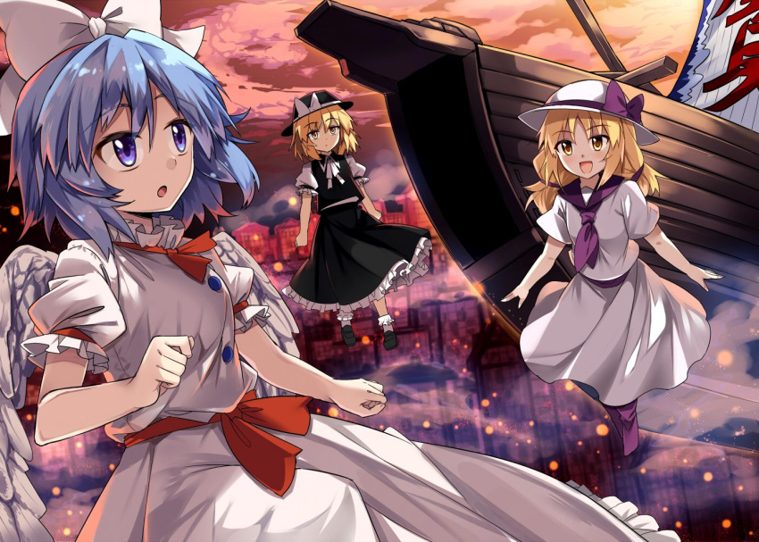 3girls :d :o black_footwear black_skirt black_vest blonde_hair blue_eyes blue_hair bow commentary_request dress e.o. embers expressionless eyebrows_visible_through_hair fedora hat hat_bow low_twintails luize mai_(touhou) makai_(touhou) multiple_girls neck_ribbon open_mouth palanquin_ship parted_lips petticoat puffy_short_sleeves puffy_sleeves purple_bow purple_neckwear red_sky ribbon sailor_collar ship short_hair short_sleeves skirt sky smile socks touhou touhou_(pc-98) twintails vest watercraft white_dress white_legwear white_neckwear white_ribbon yellow_eyes yuki_(touhou)