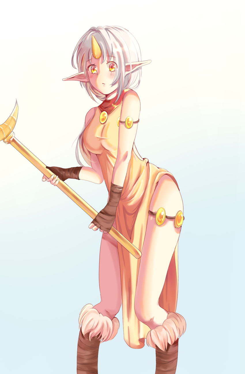 1girl armlet blue_background blush brown_footwear gradient gradient_background highres horn league_of_legends long_hair looking_at_viewer pointy_ears ponytail raku_(874402932) solo soraka staff white_hair yellow_eyes