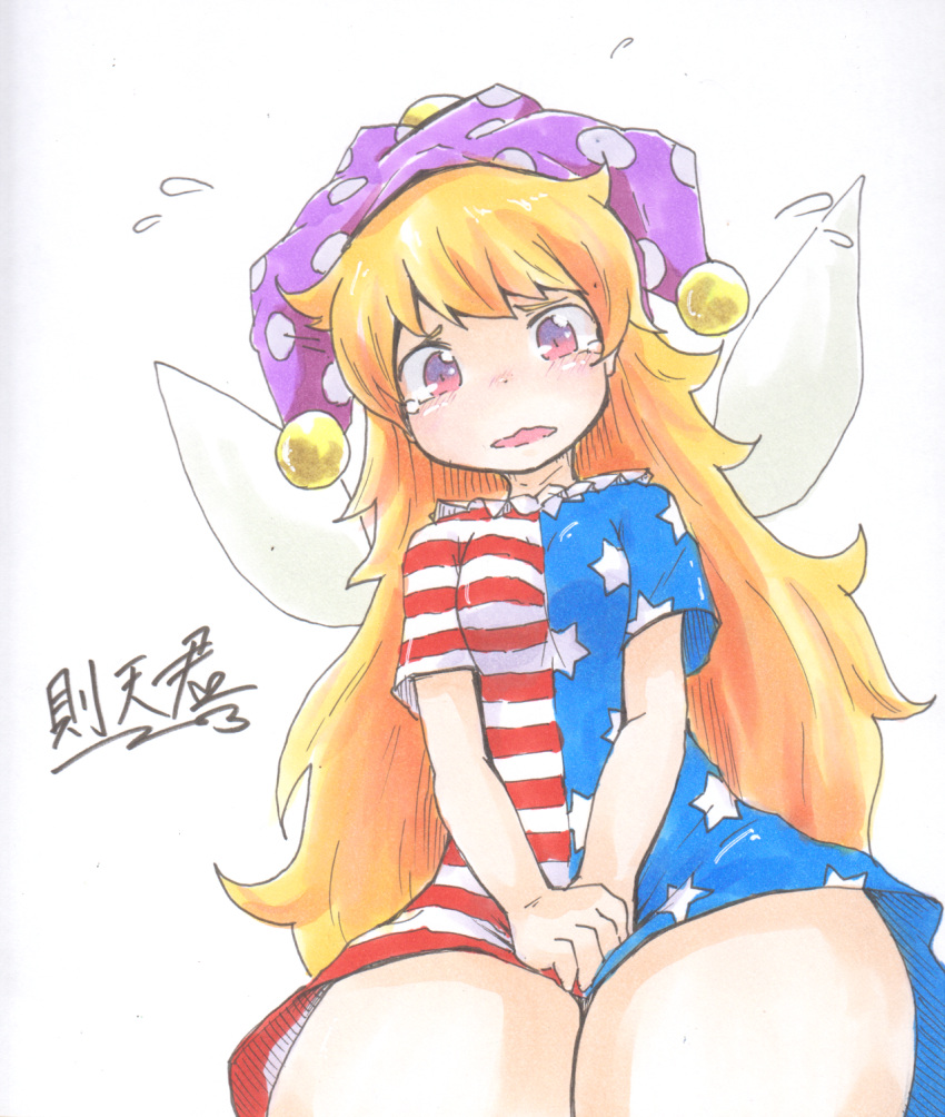 1girl ballpoint_pen_(medium) blush clownpiece covering covering_crotch dress fairy_wings flying_sweatdrops graphite_(medium) hat highres jester_cap long_hair marker_(medium) short_dress shy sokutenkun solo tears thick_thighs thighs touhou traditional_media very_long_hair violet_eyes wavy_hair wide_hips wings