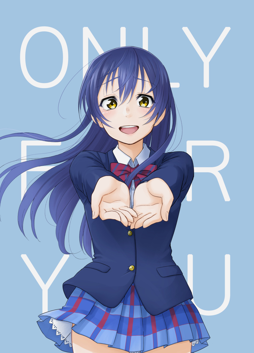 1girl absurdres bangs blazer blue_hair blush bow bowtie commentary_request cowboy_shot eyebrows_visible_through_hair hair_between_eyes highres jacket long_hair long_sleeves looking_at_viewer lourie love_live! love_live!_school_idol_project open_mouth otonokizaka_school_uniform outstretched_arms plaid plaid_skirt pleated_skirt red_neckwear school_uniform simple_background skirt solo sonoda_umi striped_neckwear text yellow_eyes