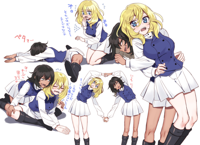 2girls andou_(girls_und_panzer) back-to-back bc_freedom_military_uniform black_hair black_legwear blonde_hair blue_eyes blue_vest blush boots brown_eyes closed_eyes commentary dark_skin dress_shirt eyebrows_visible_through_hair fang flying_sweatdrops from_side girls_und_panzer heart_arms high_collar indian_style jacket knee_boots kneeling long_sleeves looking_at_another looking_at_viewer looking_back medium_hair military military_uniform miniskirt multiple_girls multiple_views no_hat no_headwear no_jacket open_mouth oshida_(girls_und_panzer) pleated_skirt shirt shutou_mq sitting skirt split standing stretch symmetrical_hand_pose translation_request uniform vest white_shirt white_skirt