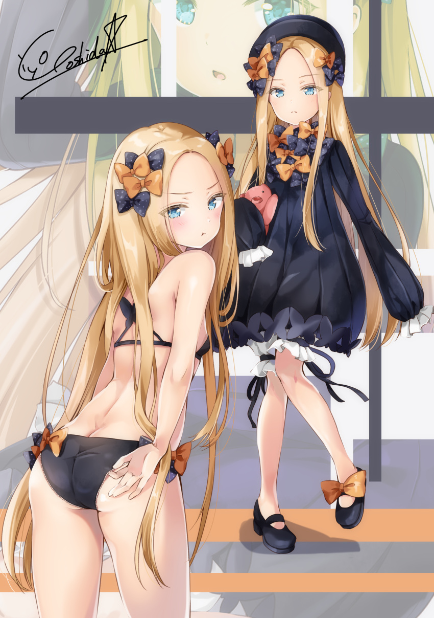 1girl :t abigail_williams_(fate/grand_order) absurdres adjusting_clothes adjusting_panties ass bangs black_bow black_dress black_hat black_panties blonde_hair bloomers blue_eyes bow breasts butt_crack butterfly commentary_request dress fate/grand_order fate_(series) forehead frown hat highres holding holding_stuffed_animal long_hair looking_at_viewer looking_back multiple_views object_hug orange_bow panties parted_bangs polka_dot polka_dot_bow signature sleeves_past_fingers sleeves_past_wrists small_breasts stuffed_animal stuffed_toy teddy_bear underwear white_bloomers yoshida_iyo