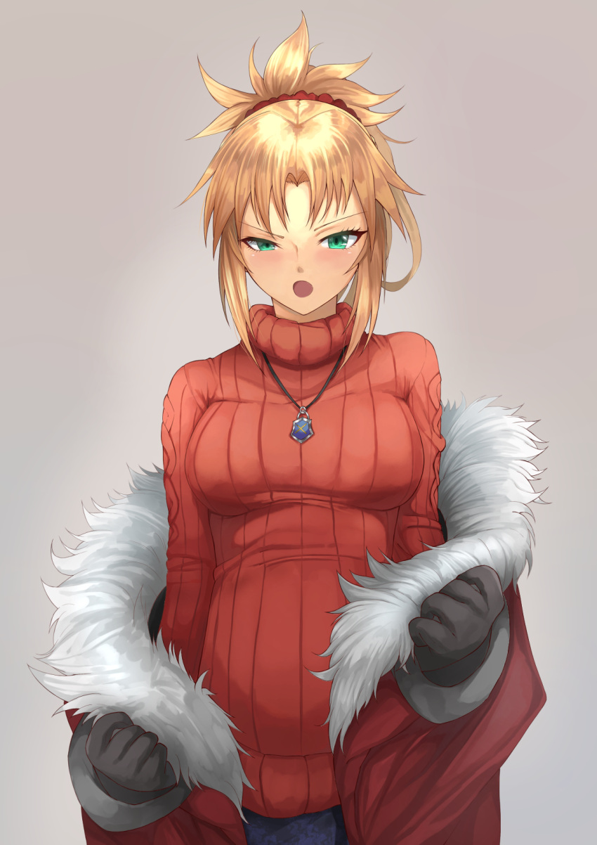 1girl :o bangs black_gloves blonde_hair blue_pants blush breasts casual coat commentary_request cowboy_shot fate/grand_order fate_(series) fur-trimmed_coat fur_collar fur_trim gloves green_eyes grey_background hair_ornament hair_scrunchie half-closed_eye high_ponytail highres jewelry long_sleeves looking_at_viewer medium_breasts mordred_(fate) mordred_(fate)_(all) necklace ohako_(ohako1818) open_mouth pants parted_bangs ponytail red_coat red_scrunchie red_sweater ribbed_sweater scrunchie shiny shiny_hair short_hair sidelocks simple_background solo standing sweater tsurime undressing v-shaped_eyebrows