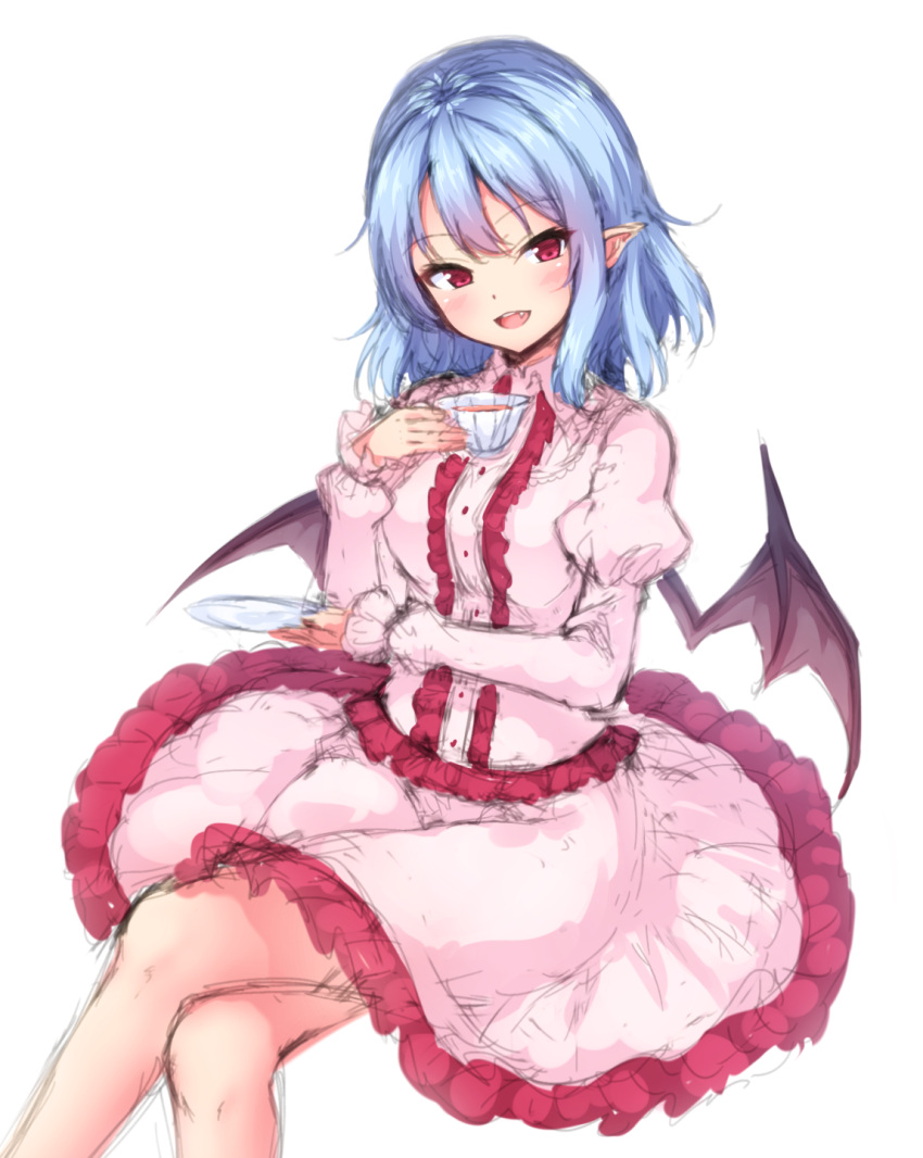1girl bat_wings commentary cup dress eyebrows_visible_through_hair feet_out_of_frame frilled_dress frills highres holding holding_cup juliet_sleeves junior27016 legs_crossed long_sleeves looking_at_viewer no_hat no_headwear open_mouth pink_dress pointy_ears puffy_sleeves remilia_scarlet short_hair simple_background sitting smile solo teacup touhou white_background wings