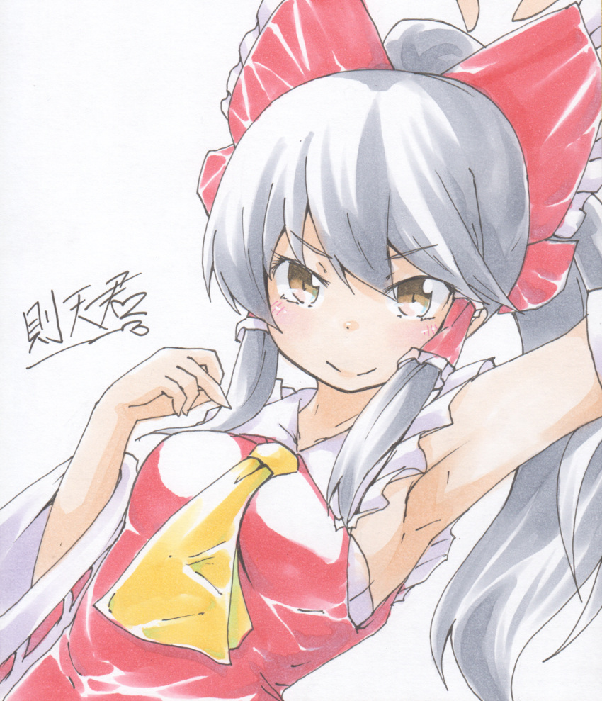 &gt;:) 1girl arm_up armpits ascot between_breasts black_hair blouse blush bow breasts brown_eyes detached_sleeves graphite_(medium) hair_bow hakurei_reimu highres leaning_to_the_side long_hair looking_at_viewer marker_(medium) medium_breasts middle_finger ponytail sarashi smile sokutenkun solo touhou traditional_media v-shaped_eyebrows yellow_neckwear