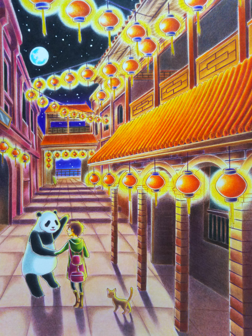 1boy absurdres arch asou_haruka backpack bag boots brown_cat brown_eyes brown_footwear brown_hair cat cityscape closed_mouth colored_pencil_(medium) commentary commentary_request conversation eye_contact green_jacket handrail happy highres jacket lantern looking_at_another looking_away night night_sky original panda parted_lips perspective pointing scenery shadow short_hair sky smile stairs standing star_(sky) starry_sky traditional_media watercolor_pencil_(medium) window