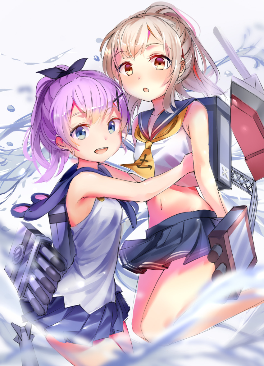 2girls :d :o anchor_symbol ayanami_(azur_lane) azur_lane bare_arms bare_shoulders black_ribbon blue_eyes blue_sailor_collar blue_skirt breasts brown_eyes camisole commentary_request crop_top hair_ornament hair_ribbon high_ponytail highres javelin_(azur_lane) light_brown_hair long_hair looking_at_viewer midriff multiple_girls navel open_mouth parted_lips pleated_skirt ponytail purple_hair ribbon sailor_collar school_uniform serafuku shirt skirt sleeveless sleeveless_shirt small_breasts smile torpedo upper_teeth wan_(calvin840203) water white_camisole yellow_neckwear