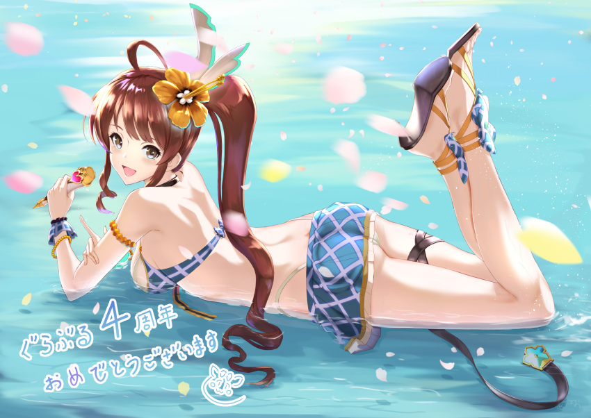 1girl :d ahoge aiu_eo armlet ass bare_shoulders bikini bikini_top blue_skirt blush bracelet breasts brown_eyes brown_hair crossed_ankles diantha_(granblue_fantasy) eyebrows_visible_through_hair flower from_side full_body granblue_fantasy hair_flower hair_ornament hibiscus high_heels highres holding holding_microphone jewelry legs_up long_hair looking_at_viewer looking_to_the_side lying medium_breasts microphone mismatched_bikini on_stomach open_mouth petals plaid plaid_skirt santa_costume shallow_water shiny shiny_hair side_ponytail sideboob sidelocks skirt smile solo swimsuit tareme thigh_strap thong translation_request water white_bikini_bottom wrist_cuffs