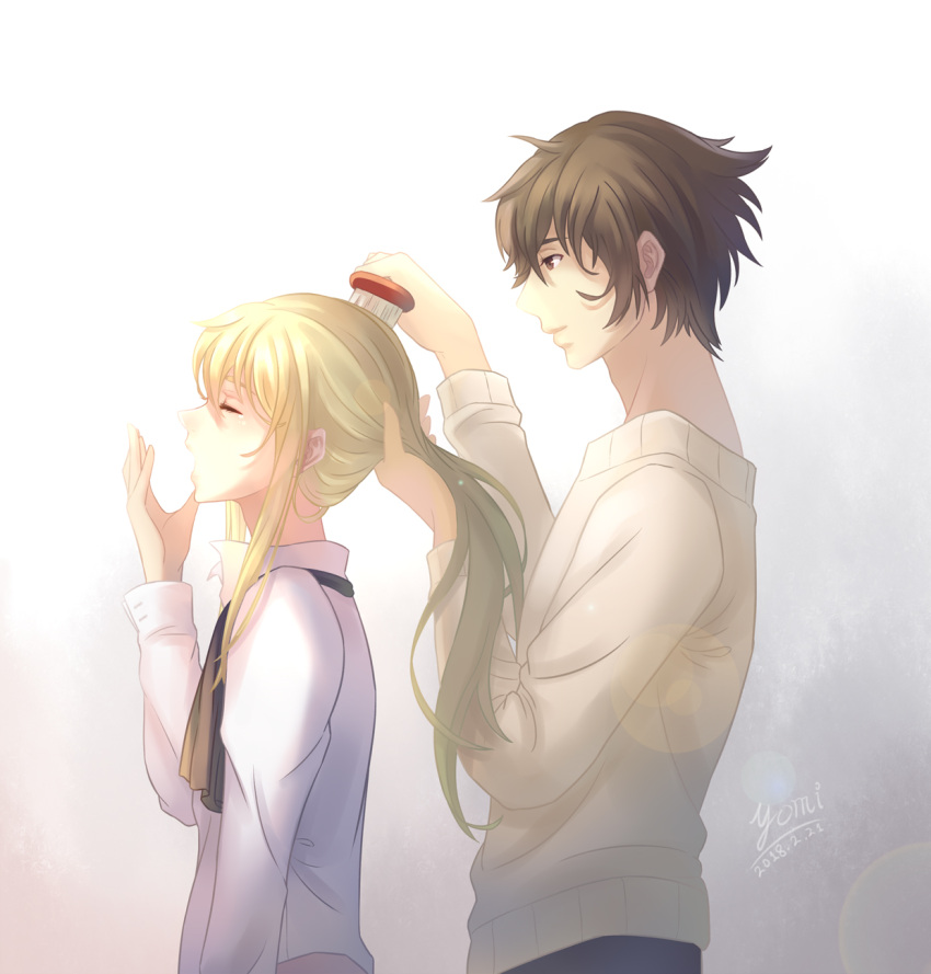 2boys artist_name blonde_hair brown_eyes brown_hair closed_eyes dated hair_brush hakata_tonkotsu_ramens highres long_hair male_focus multiple_boys ponytail profile standing yawning youzixiaoming