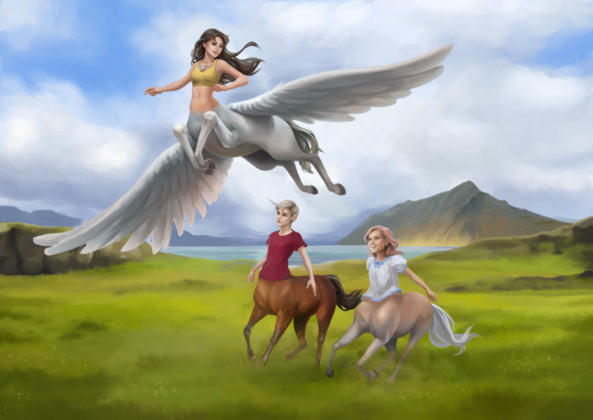 1boy 2girls bare_midriff blonde_hair brown_eyes brown_hair centaur clouds demisir flying horn necklace outdoor sky smile unicorn wings wings_spread