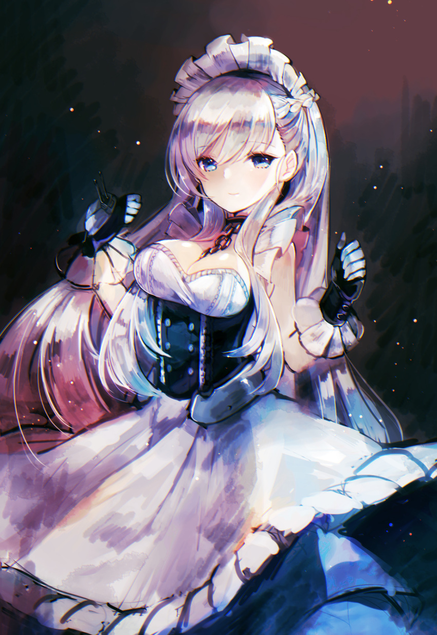 1girl apron azur_lane bangs belfast_(azur_lane) between_breasts black_dress black_gloves blue_eyes blush braid breasts chains cleavage closed_mouth commentary_request dress eyebrows_visible_through_hair gloves hair_between_eyes highres kikka_(kicca_choco) long_hair looking_at_viewer maid maid_headdress medium_breasts silver_hair smile solo very_long_hair white_apron