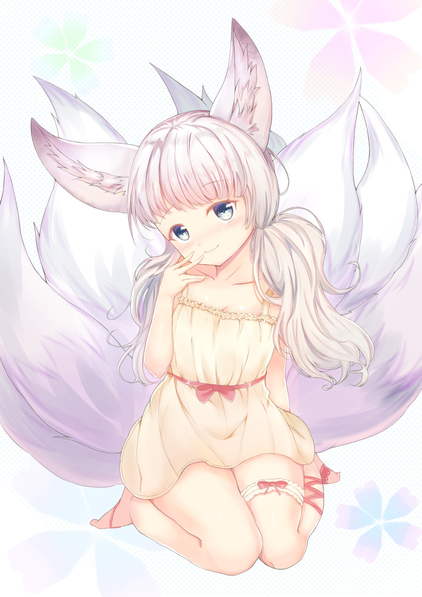 1girl absurdres animal_ears barefoot blade_&amp;_soul blue_eyes dress fox_ears fox_tail hand_to_own_face hand_to_own_mouth head_tilt highres long_hair lydia601304 lyn_(blade_&amp;_soul) multiple_tails short_dress silver_hair sitting smile solo sundress tail twintails white_dress