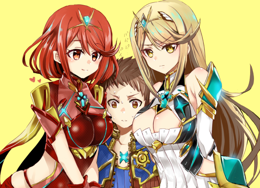 2girls armor bangs bare_shoulders blonde_hair blue_vest blush breasts brown_eyes brown_hair cleavage cleavage_cutout collarbone detached_sleeves dress dual_persona eyebrows_visible_through_hair gem headpiece heart mythra_(xenoblade) pyra_(xenoblade) impossible_clothes impossible_leotard large_breasts leotard long_hair looking_at_viewer medium_breasts midriff multiple_girls open_clothes open_vest parted_lips patterned_clothing red_eyes red_leotard redhead rex_(xenoblade_2) shimaneko_(matarou99) short_hair shoulder_armor shoulder_pads sidelocks simple_background straight_hair sweat swept_bangs tareme translation_request unzipped upper_body v-shaped_eyebrows very_long_hair vest white_dress wide-eyed xenoblade xenoblade_2 yellow_background yellow_eyes