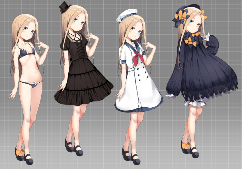 1girl :o abigail_williams_(fate/grand_order) alternate_costume anchor_symbol arm_at_side bangs bare_legs bell_(oppore_coppore) beret black_bow black_bra black_dress black_footwear black_hat black_panties blonde_hair bloomers blue_eyes blush bow bra breasts closed_mouth collarbone criss-cross_halter dress fate/grand_order fate_(series) fedora forehead full_body grey_background hair_bow halterneck hat hat_bow head_tilt high_heels highres light_brown_hair long_hair long_sleeves looking_at_viewer navel neckerchief no_socks open_mouth orange_bow panties parted_bangs polka_dot polka_dot_bow puffy_long_sleeves puffy_short_sleeves puffy_sleeves red_neckwear ribbon-trimmed_bra sailor_dress sailor_hat shoes short_sleeves sleeves_past_fingers sleeves_past_wrists small_breasts smile standing straight_hair top_hat underwear underwear_only very_long_hair white_dress white_hat