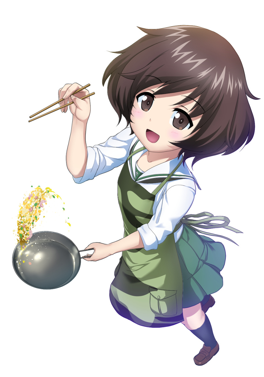 1girl akiyama_yukari bangs black_legwear blouse brown_eyes brown_footwear brown_hair camouflage_apron chopsticks excel_(shena) eyebrows_visible_through_hair food foreshortening full_body girls_und_panzer green_apron green_skirt highres holding loafers long_sleeves looking_at_viewer messy_hair miniskirt ooarai_school_uniform open_mouth pleated_skirt school_uniform serafuku shoes short_hair simple_background skillet skirt sleeves_rolled_up smile socks solo standing white_background white_blouse