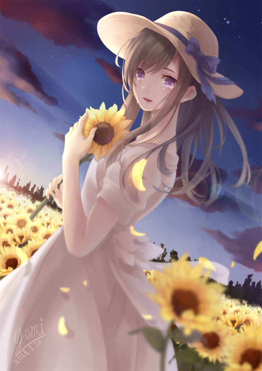 1girl artist_name brown_hair dated dress dutch_angle field flower flower_field hat hat_ribbon highres holding holding_flower long_hair looking_at_viewer original outdoors ribbon solo sun_hat sunflower tears twilight violet_eyes white_dress youzixiaoming