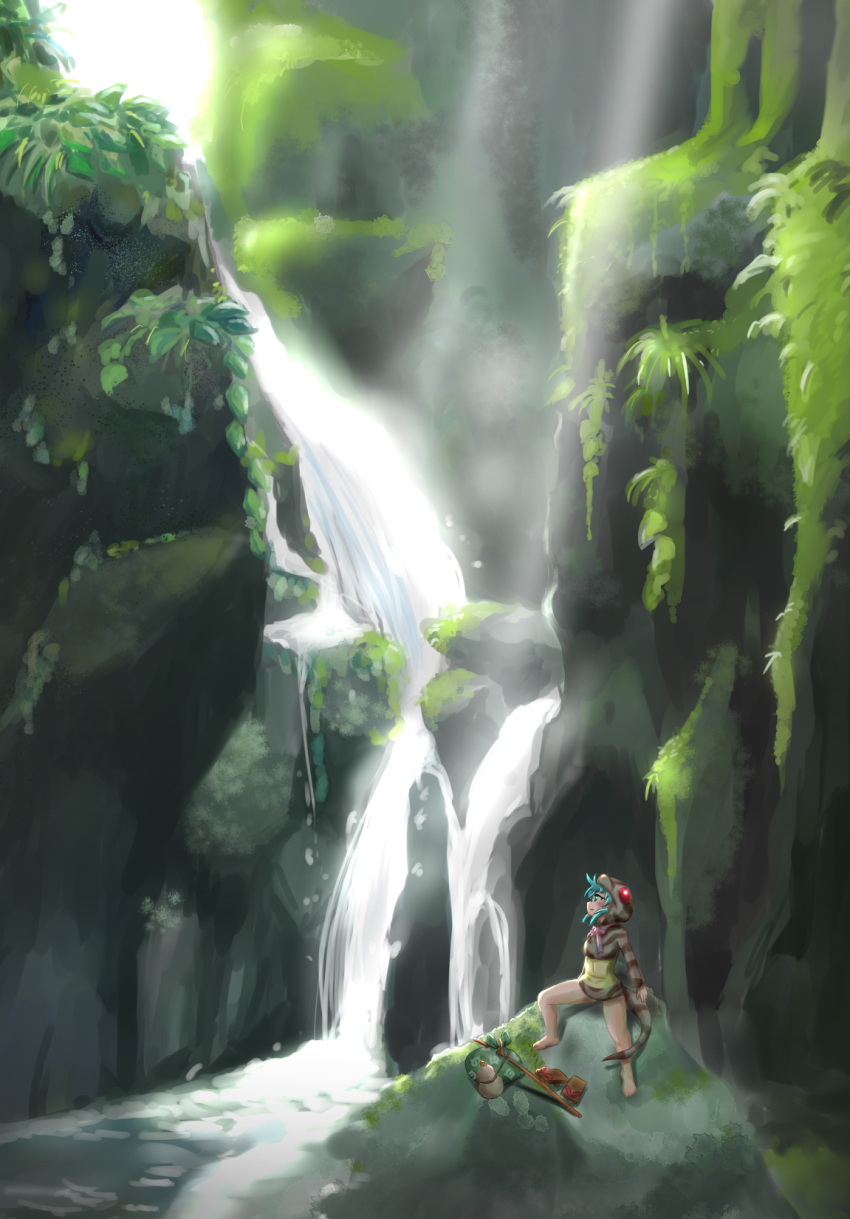 1girl bare_legs barefoot commentary_request day gourd green_eyes green_hair highres hood hood_up hoodie japari_symbol_print kemono_friends looking_away nature outdoors plant river rock sack scenery snake_tail solo standing sun_beam tsuchinoko_(kemono_friends) water waterfall