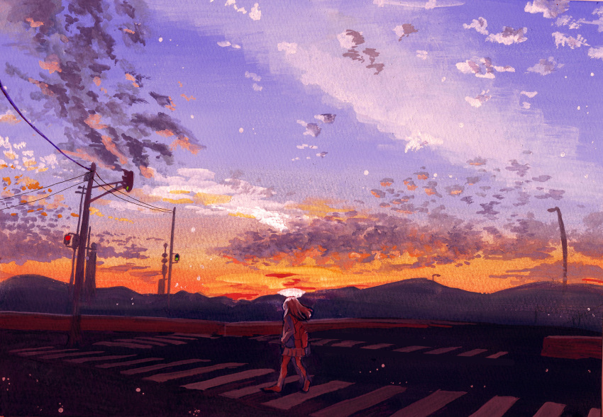 1girl backpack bag brown_hair cityscape clouds cloudy_sky commentary commentary_request dark from_behind highres hisui_(komeko) lamppost long_hair long_sleeves miniskirt original road scenery shoes skirt sky socks solo sun sunlight sweater telephone_pole traffic_light twilight walking